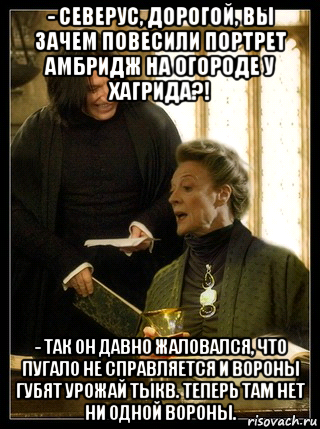 - северус, дорогой, вы зачем повесили портрет амбридж на огороде у хагрида?! - так он давно жаловался, что пугало не справляется и вороны губят урожай тыкв. теперь там нет ни одной вороны.