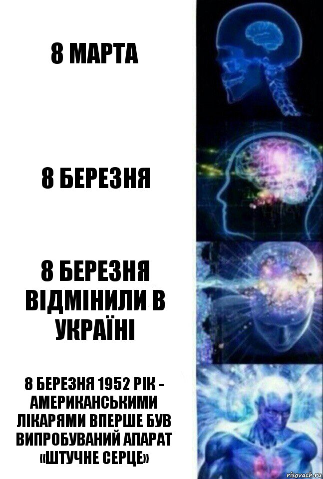 8 марта 8 березня 8 березня відмінили в Україні 8 березня 1952 рік - Американськими лікарями вперше був випробуваний апарат «штучне серце», Комикс  Сверхразум