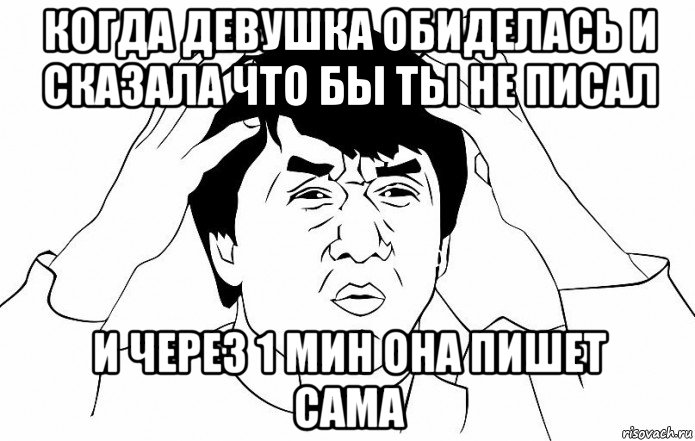 когда девушка обиделась и сказала что бы ты не писал и через 1 мин она пишет сама, Мем ДЖЕКИ ЧАН