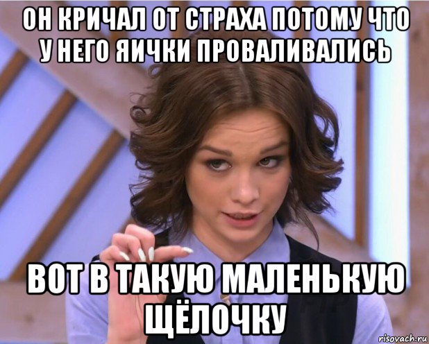 он кричал от страха потому что у него яички проваливались вот в такую маленькую щёлочку, Мем На донышке