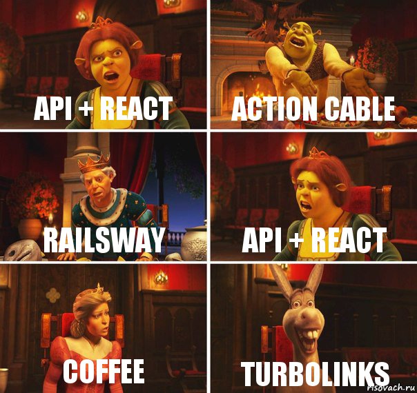 API + REACT Action Cable RailsWay API + REACT Coffee TURBOLINKS, Комикс  Шрек Фиона Гарольд Осел