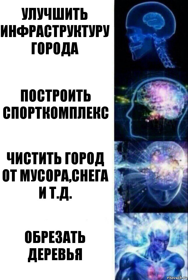 Улучшить инфраструктуру города Построить спорткомплекс чистить город от мусора,снега и т.д. Обрезать деревья, Комикс  Сверхразум