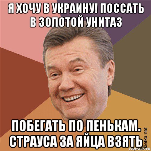 я хочу в украину! поссать в золотой унитаз побегать по пенькам. страуса за яйца взять, Мем Типовий Яник