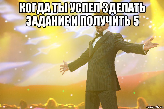 когда ты успел зделать задание и получить 5 , Мем Тони Старк (Роберт Дауни младший)