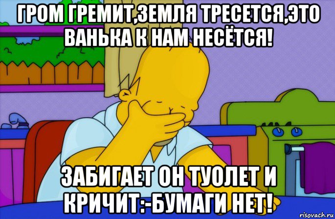 гром гремит,земля тресется,это ванька к нам несётся! забигает он туолет и кричит:-бумаги нет!, Мем Homer simpson facepalm