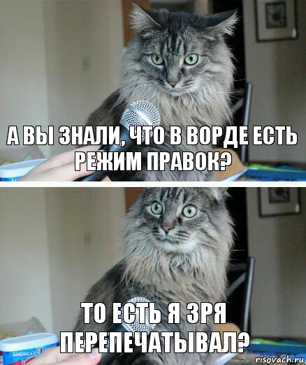 А вы знали, что в ворде есть режим правок? То есть я зря перепечатывал?, Комикс  кот с микрофоном