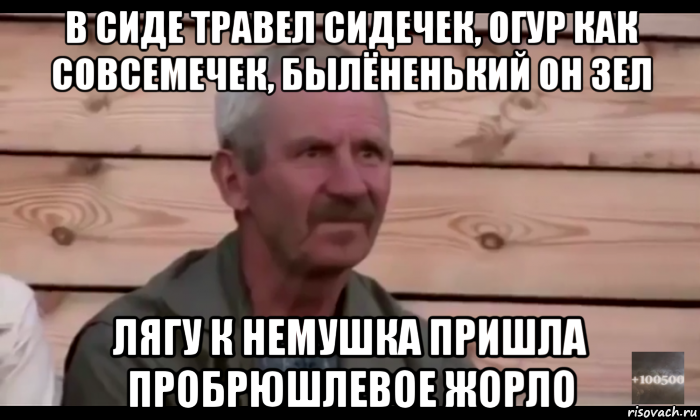 в сиде травел сидечек, огур как совсемечек, былёненький он зел лягу к немушка пришла пробрюшлевое жорло, Мем  Охуевающий дед