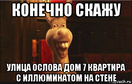 конечно скажу улица ослова дом 7 квартира с иллюминатом на стене, Мем Осел из Шрека