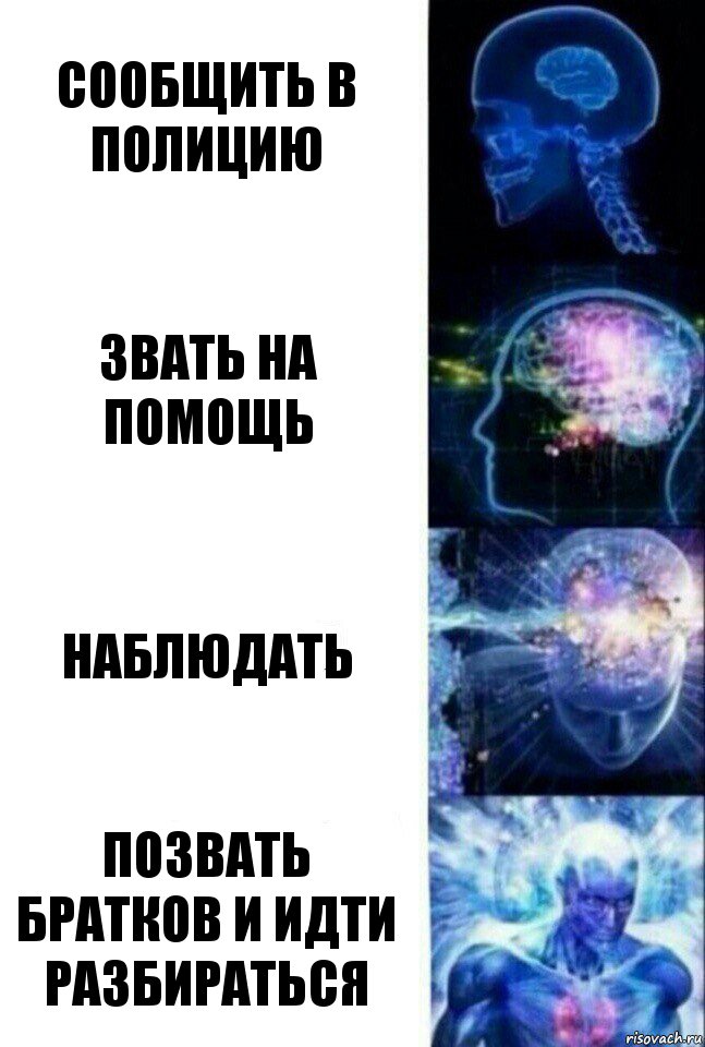 Сообщить в полицию Звать на помощь Наблюдать Позвать братков и идти разбираться, Комикс  Сверхразум