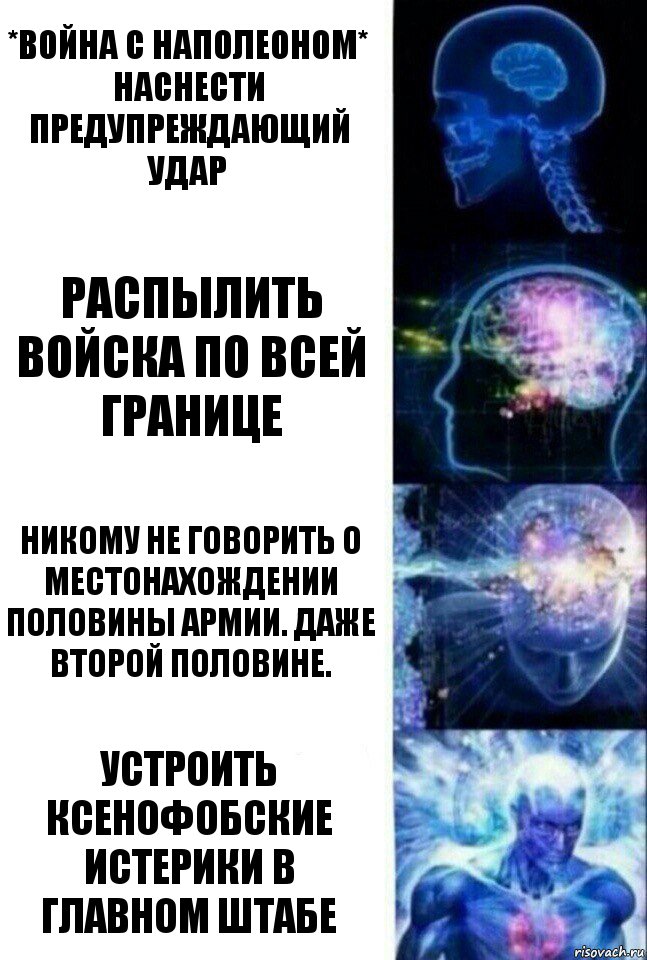 *война с Наполеоном*
Наснести предупреждающий удар Распылить войска по всей границе Никому не говорить о местонахождении половины армии. даже второй половине. Устроить ксенофобские истерики в главном штабе, Комикс  Сверхразум