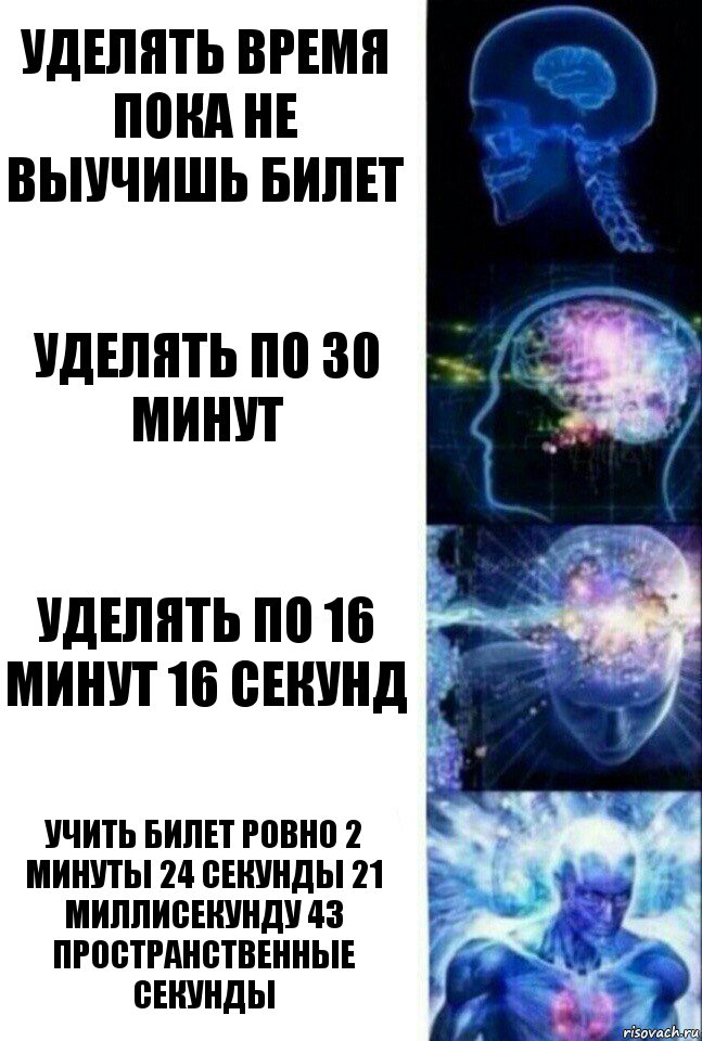 Уделять время пока не выучишь билет Уделять по 30 минут Уделять по 16 минут 16 секунд Учить билет ровно 2 минуты 24 секунды 21 миллисекунду 43 пространственные секунды, Комикс  Сверхразум