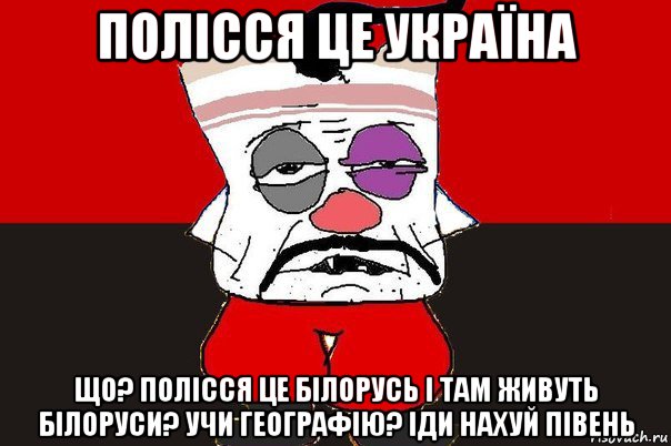 полісся це україна що? полісся це білорусь і там живуть білоруси? учи географію? іди нахуй півень, Мем ватник