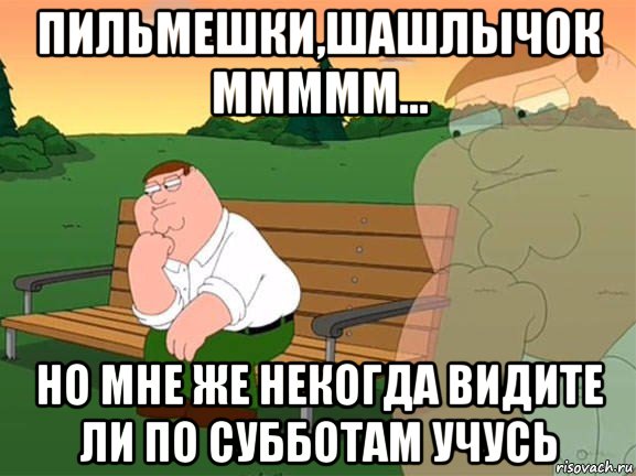 пильмешки,шашлычок ммммм... но мне же некогда видите ли по субботам учусь, Мем Задумчивый Гриффин