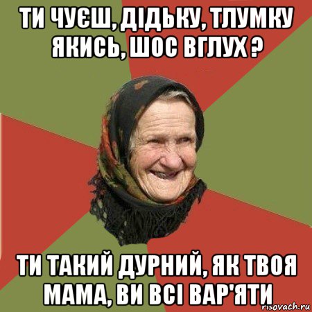 ти чуєш, дідьку, тлумку якись, шос вглух ? ти такий дурний, як твоя мама, ви всі вар'яти, Мем  Бабушка