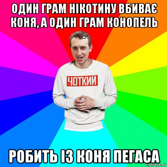 один грам нікотину вбиває коня, а один грам конопель - робить із коня пегаса, Мем Чоткий