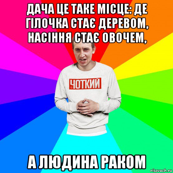 дача це таке місце: де гілочка стає деревом, насіння стає овочем, а людина раком, Мем Чоткий