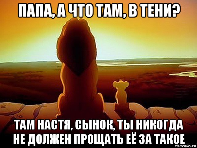 папа, а что там, в тени? там настя, сынок, ты никогда не должен прощать её за такое, Мем  король лев