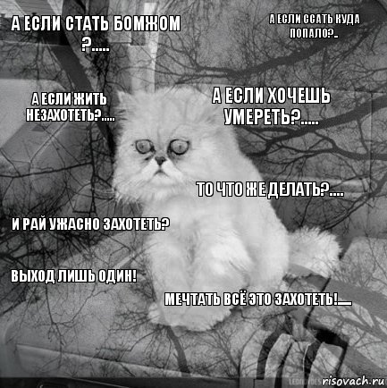 а если стать бомжом ?.....  а если хочешь умереть?.....  и рай ужасно захотеть? а если ссать куда попало?.. мечтать всё это захотеть!..... а если жить незахотеть?..... выход лишь один! то что же делать?...., Комикс  кот безысходность