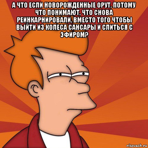 а что если новорожденные орут, потому что понимают, что снова реинкарнировали, вместо того чтобы выйти из колеса сансары и слиться с эфиром? , Мем Мне кажется или (Фрай Футурама)