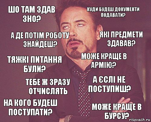 ШО ТАМ ЗДАВ ЗНО? КУДИ БУДЕШ ДОКУМЕНТИ ПОДАВАТИ? ТЯЖКІ ПИТАННЯ БУЛИ? НА КОГО БУДЕШ ПОСТУПАТИ? А ЄСЛІ НЕ ПОСТУПИШ? МОЖЕ КРАЩЕ В АРМІЮ? ТЕБЕ Ж ЗРАЗУ ОТЧИСЛЯТЬ МОЖЕ КРАЩЕ В БУРСУ? А ДЕ ПОТІМ РОБОТУ ЗНАЙДЕШ? ЯКІ ПРЕДМЕТИ ЗДАВАВ?, Комикс мое лицо