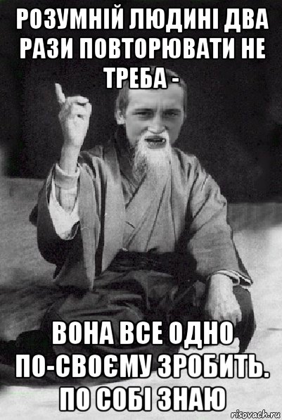 розумній людині два рази повторювати не треба - вона все одно по-своєму зробить. по собі знаю, Мем Мудрий паца