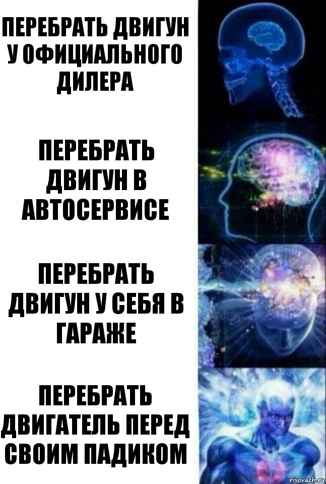 Перебрать двигун у официального дилера Перебрать двигун в автосервисе Перебрать двигун у себя в гараже Перебрать двигатель перед своим падиком, Комикс  Сверхразум