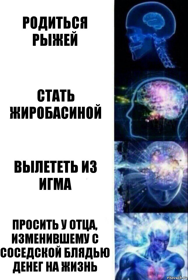 Родиться рыжей Стать жиробасиной Вылететь из игма Просить у отца, изменившему с соседской блядью денег на жизнь, Комикс  Сверхразум