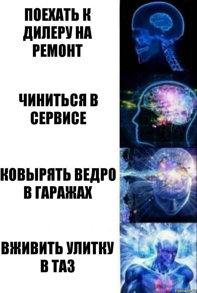 поехать к дилеру на ремонт чиниться в сервисе ковырять ведро в гаражах вживить улитку в таз, Комикс  Сверхразум