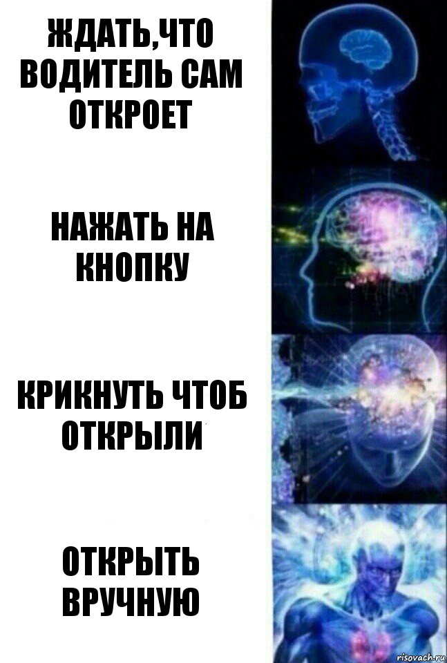 Ждать,что водитель сам откроет Нажать на кнопку Крикнуть чтоб открыли Открыть вручную, Комикс  Сверхразум