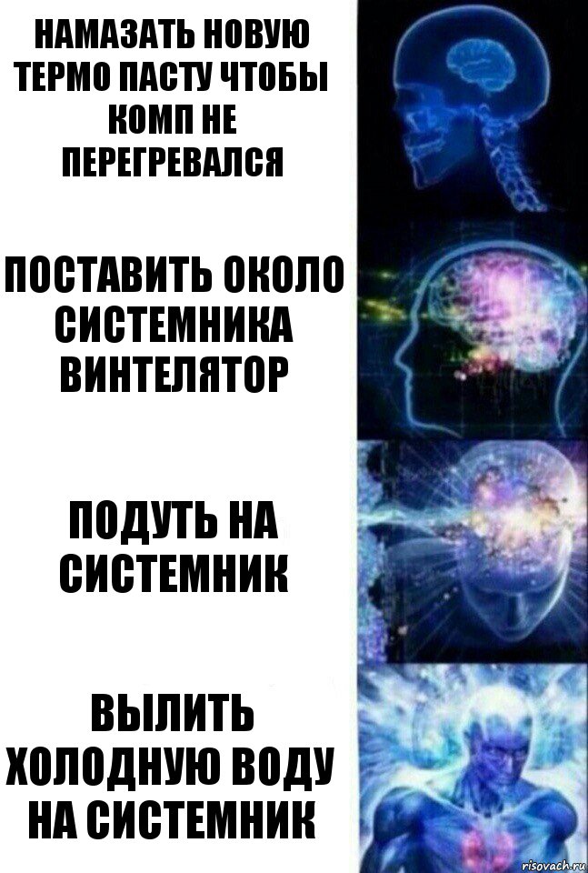 Намазать новую термо пасту чтобы комп не перегревался Поставить около системника винтелятор Подуть на системник Вылить холодную воду на системник, Комикс  Сверхразум