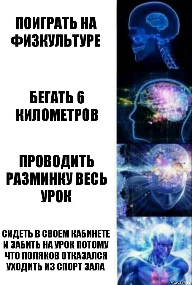 Поиграть на физкультуре Бегать 6 километров Проводить разминку весь урок сидеть в своем кабинете и забить на урок потому что Поляков отказался уходить из спорт зала, Комикс  Сверхразум