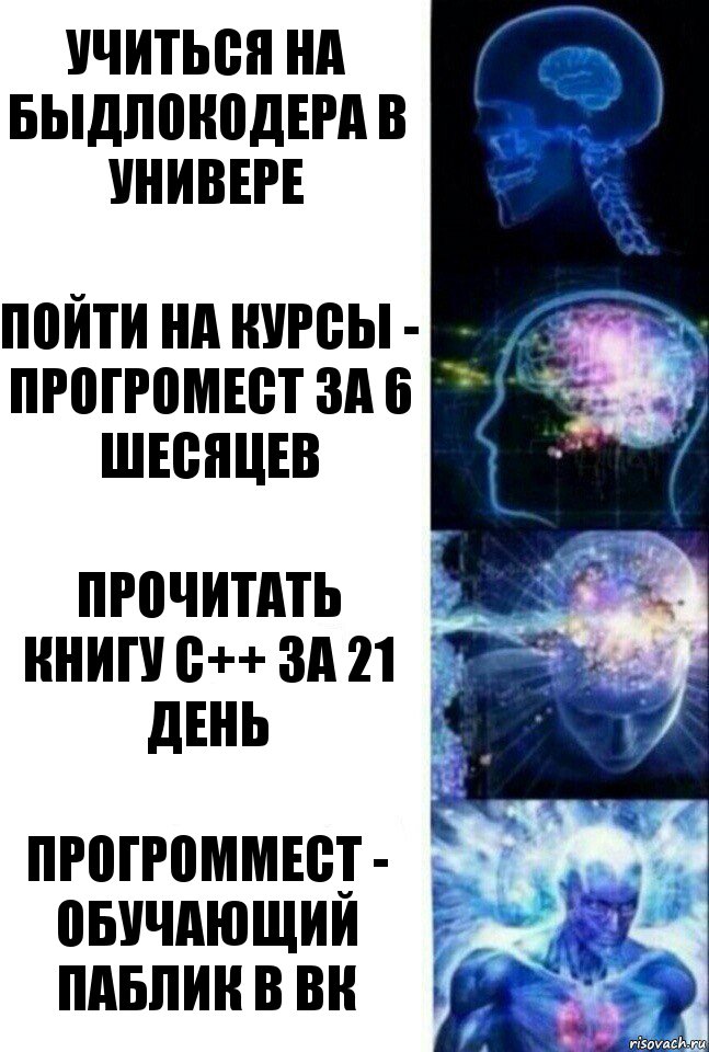 учиться на быдлокодера в универе пойти на курсы - прогромест за 6 шесяцев прочитать книгу с++ за 21 день Прогроммест - обучающий паблик в ВК, Комикс  Сверхразум