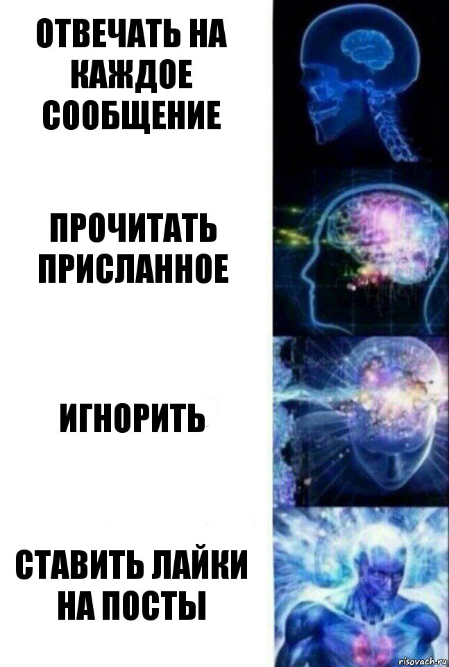 Отвечать на каждое сообщение Прочитать присланное Игнорить Ставить лайки на посты, Комикс  Сверхразум