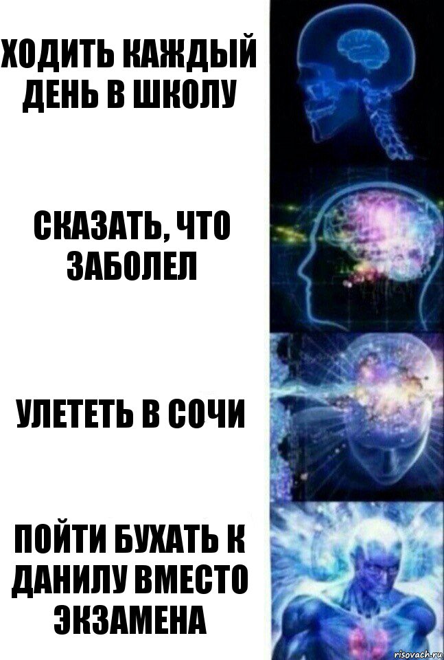 Ходить каждый день в школу Сказать, что заболел Улететь в Сочи Пойти бухать к Данилу вместо экзамена, Комикс  Сверхразум