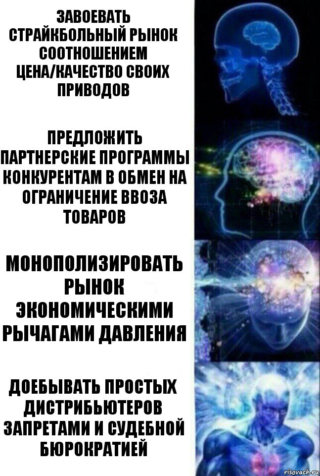 Завоевать страйкбольный рынок соотношением цена/качество своих приводов Предложить партнерские программы конкурентам в обмен на ограничение ввоза товаров Монополизировать рынок экономическими рычагами давления Доебывать простых дистрибьютеров запретами и судебной бюрократией, Комикс  Сверхразум