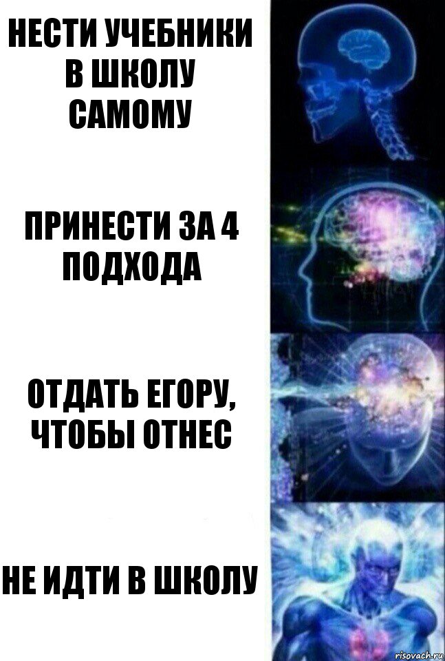 Нести учебники в школу самому Принести за 4 подхода Отдать Егору, чтобы отнес Не идти в школу, Комикс  Сверхразум