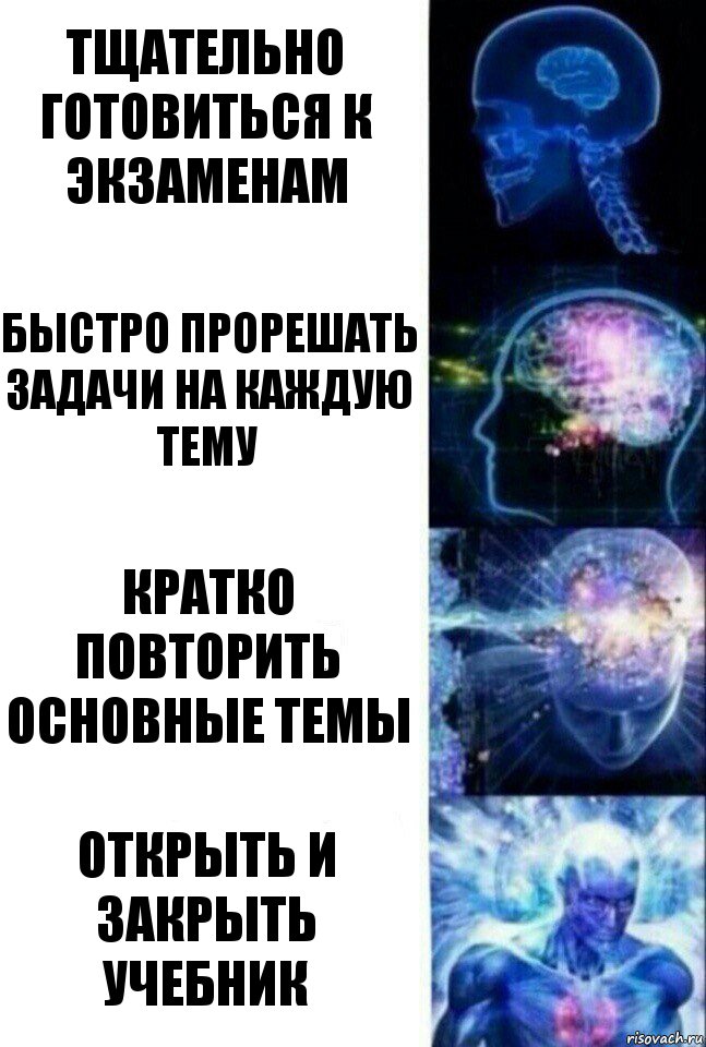 Тщательно готовиться к экзаменам Быстро прорешать задачи на каждую тему Кратко повторить основные темы Открыть и закрыть учебник, Комикс  Сверхразум