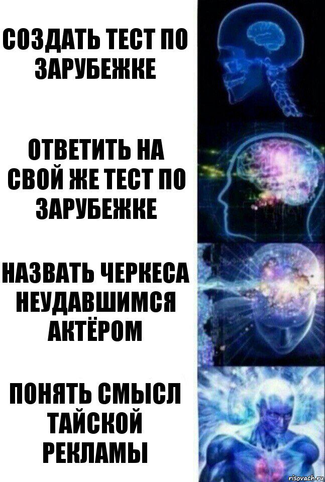 Создать тест по зарубежке Ответить на свой же тест по зарубежке Назвать Черкеса неудавшимся актёром Понять смысл тайской рекламы, Комикс  Сверхразум