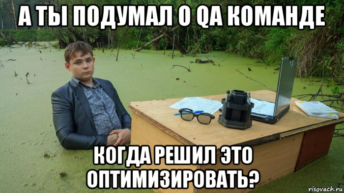 а ты подумал о qa команде когда решил это оптимизировать?, Мем  Парень сидит в болоте