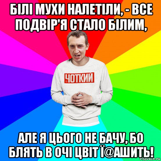 білі мухи налетіли, - все подвір'я стало білим, але я цього не бачу, бо блять в очі цвіт ї@ашить!, Мем Чоткий