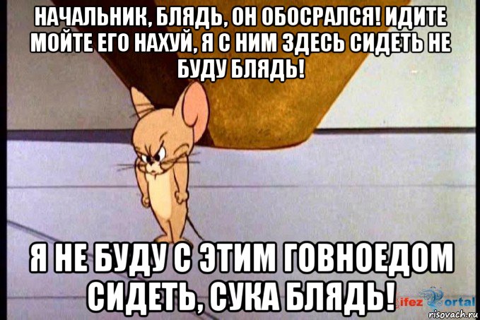 начальник, блядь, он обосрался! идите мойте его нахуй, я с ним здесь сидеть не буду блядь! я не буду с этим говноедом сидеть, сука блядь!, Мем  Недовольный Джерри