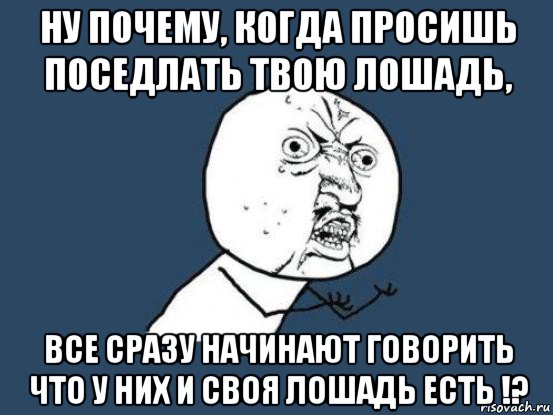 ну почему, когда просишь поседлать твою лошадь, все сразу начинают говорить что у них и своя лошадь есть !?, Мем Ну почему