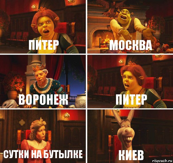 Питер Москва Воронеж Питер Сутки на бутылке Киев, Комикс  Шрек Фиона Гарольд Осел