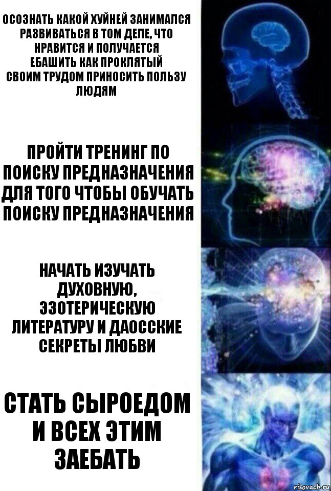 Осознать какой хуйней занимался
Развиваться в том деле, что нравится и получается
Ебашить как проклятый
Своим трудом приносить пользу людям Пройти тренинг по поиску предназначения для того чтобы обучать поиску предназначения Начать изучать духовную, эзотерическую литературу и даосские секреты любви СТАТЬ СЫРОЕДОМ И ВСЕХ ЭТИМ ЗАЕБАТЬ, Комикс  Сверхразум