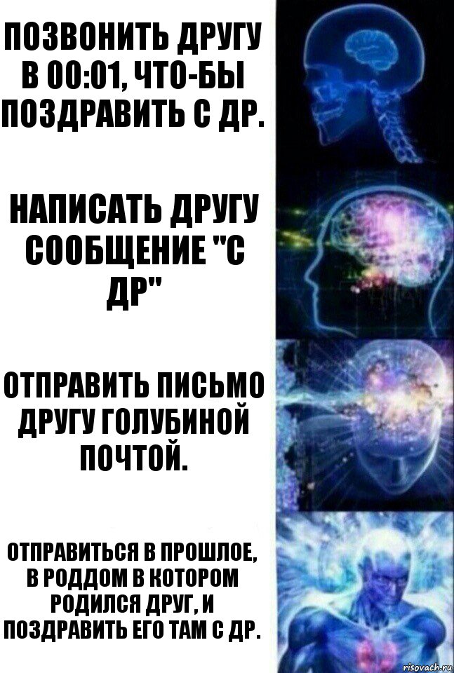 Позвонить другу в 00:01, что-бы поздравить с ДР. Написать другу сообщение "С др" Отправить письмо другу голубиной почтой. Отправиться в прошлое, в роддом в котором родился друг, и поздравить его там с ДР., Комикс  Сверхразум