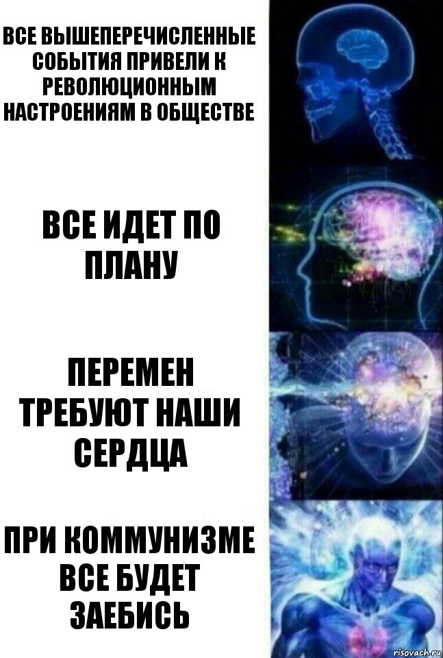 ВСЕ ВЫШЕПЕРЕЧИСЛЕННЫЕ СОБЫТИЯ ПРИВЕЛИ К РЕВОЛЮЦИОННЫМ НАСТРОЕНИЯМ В ОБЩЕСТВЕ ВСЕ ИДЕТ ПО ПЛАНУ ПЕРЕМЕН ТРЕБУЮТ НАШИ СЕРДЦА ПРИ КОММУНИЗМЕ ВСЕ БУДЕТ ЗАЕБИСЬ, Комикс  Сверхразум