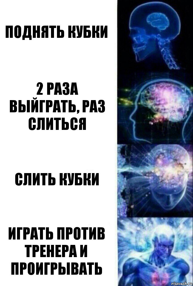 Поднять кубки 2 раза выйграть, раз слиться слить кубки ИГРАТЬ ПРОТИВ ТРЕНЕРА И ПРОИГРЫВАТЬ, Комикс  Сверхразум