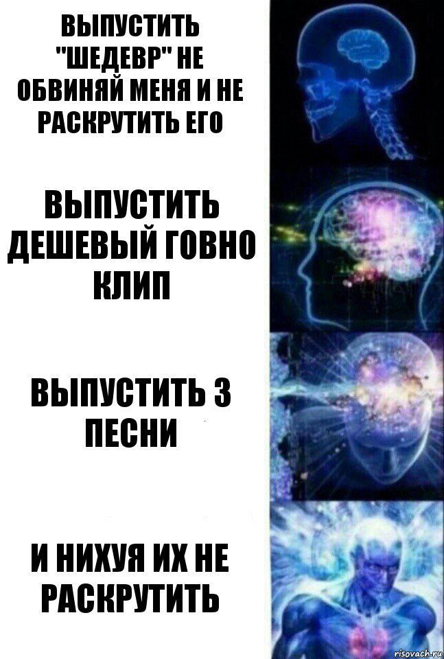 ВЫПУСТИТЬ "ШЕДЕВР" НЕ ОБВИНЯЙ МЕНЯ И НЕ РАСКРУТИТЬ ЕГО ВЫПУСТИТЬ ДЕШЕВЫЙ ГОВНО КЛИП ВЫПУСТИТЬ 3 ПЕСНИ И НИХУЯ ИХ НЕ РАСКРУТИТЬ, Комикс  Сверхразум