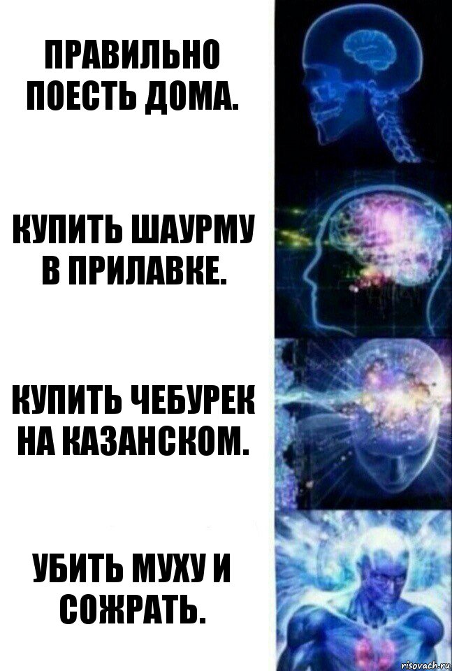 Правильно поесть дома. Купить шаурму в прилавке. Купить чебурек на казанском. Убить муху и сожрать., Комикс  Сверхразум