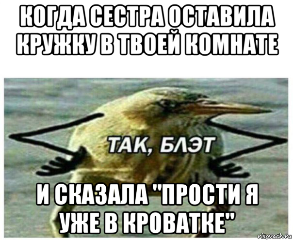 когда сестра оставила кружку в твоей комнате и сказала "прости я уже в кроватке", Мем Так блэт